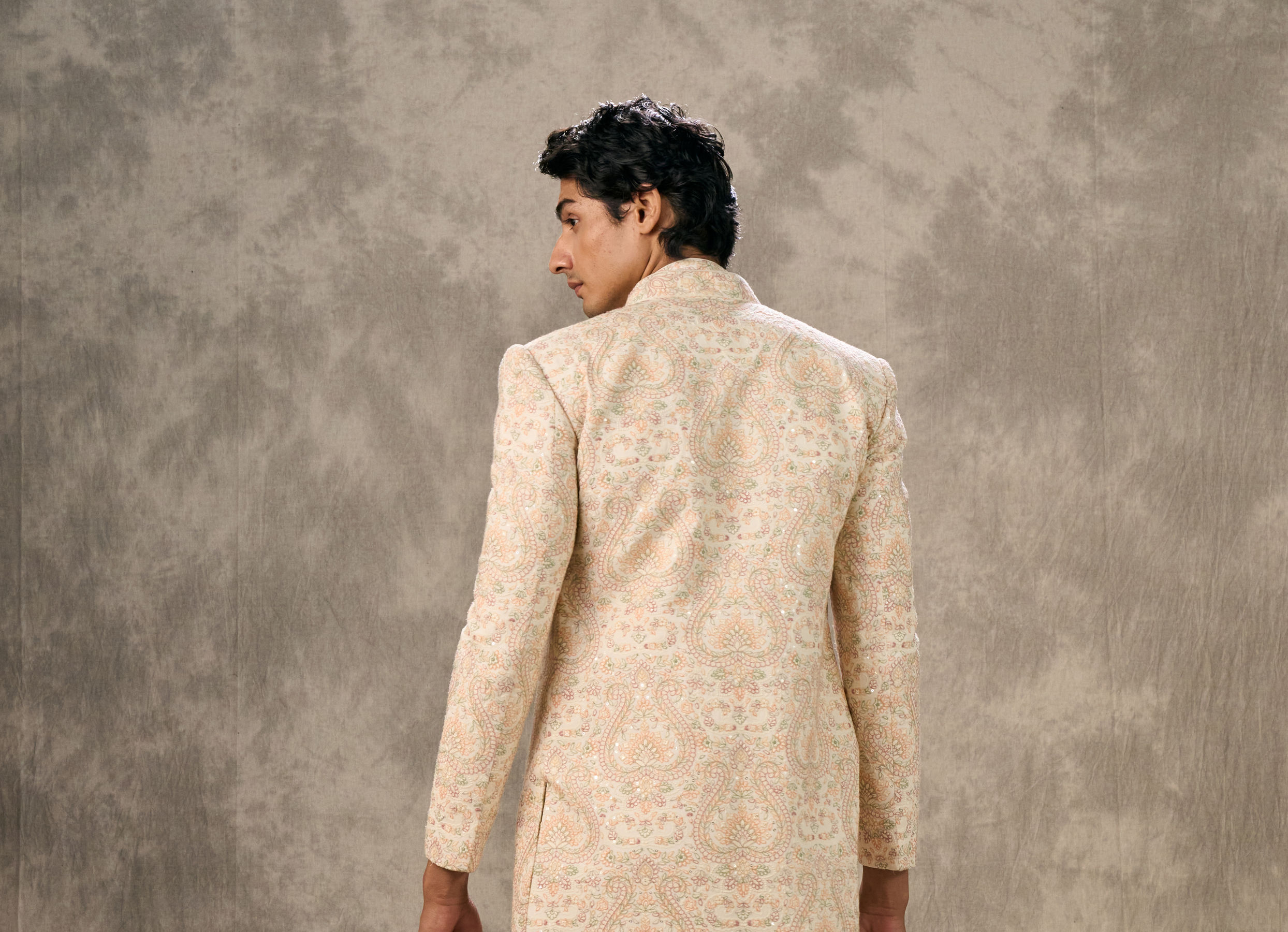 Twamev Men Cream Silk Resham Paisley Embroidered Indo Western Set