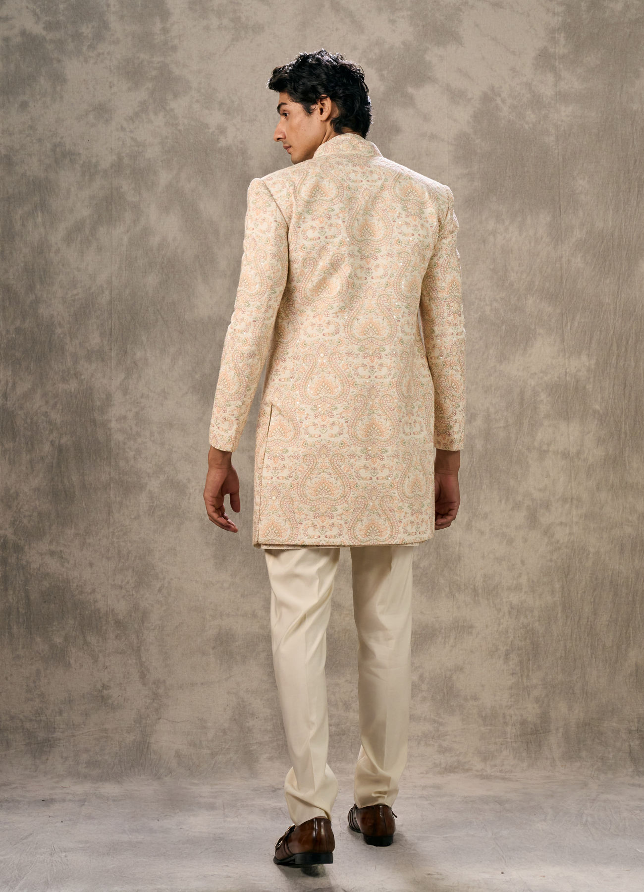 Twamev Men Cream Silk Resham Paisley Embroidered Indo Western Set