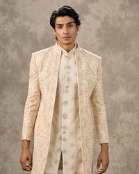 Twamev Men Cream Silk Resham Paisley Embroidered Indo Western Set
