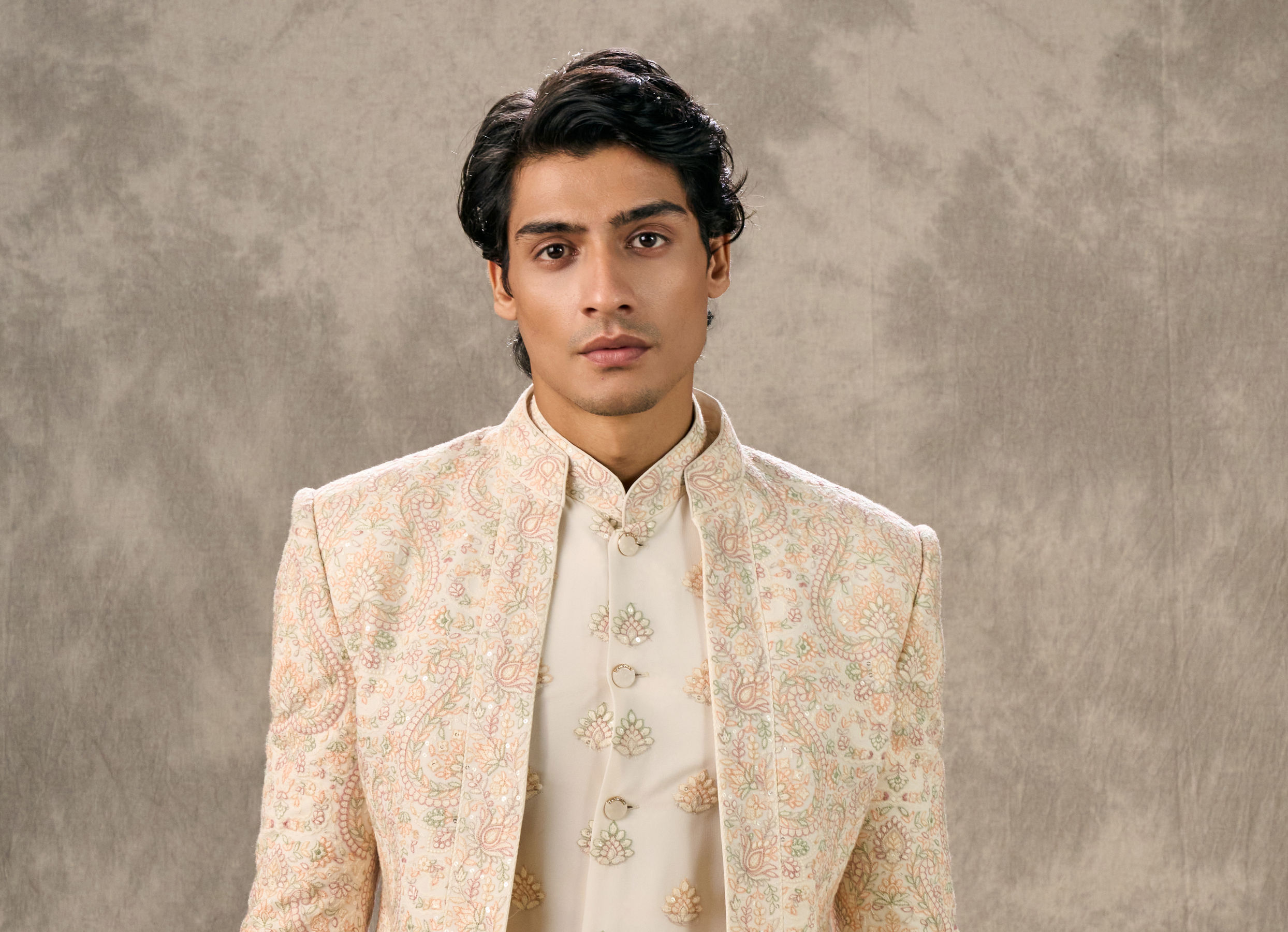Twamev Men Cream Silk Resham Paisley Embroidered Indo Western Set
