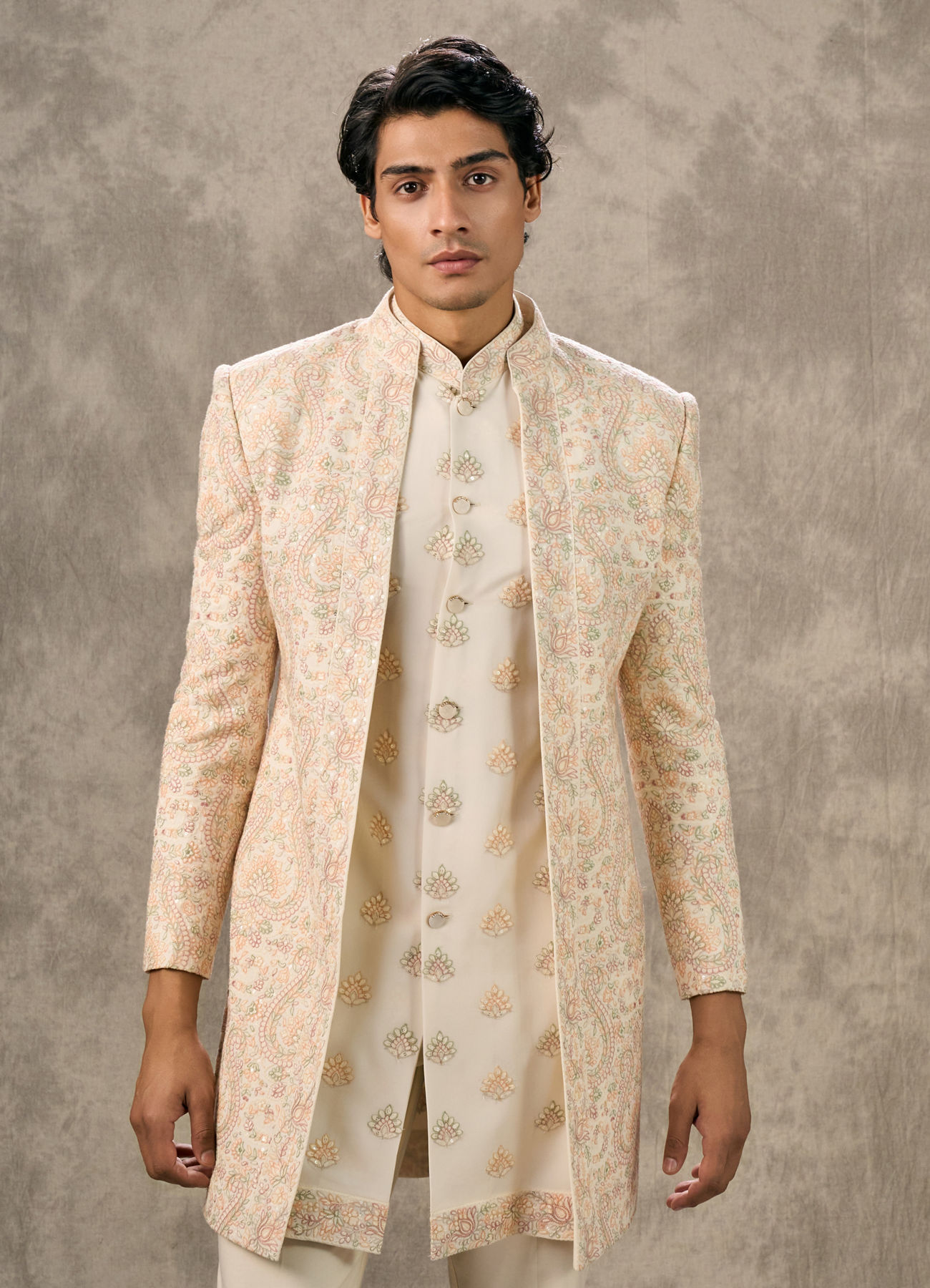 Twamev Men Cream Silk Resham Paisley Embroidered Indo Western Set