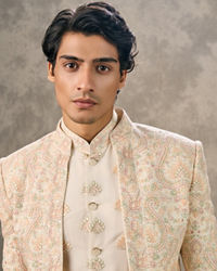 Twamev Men Cream Silk Resham Paisley Embroidered Indo Western Set