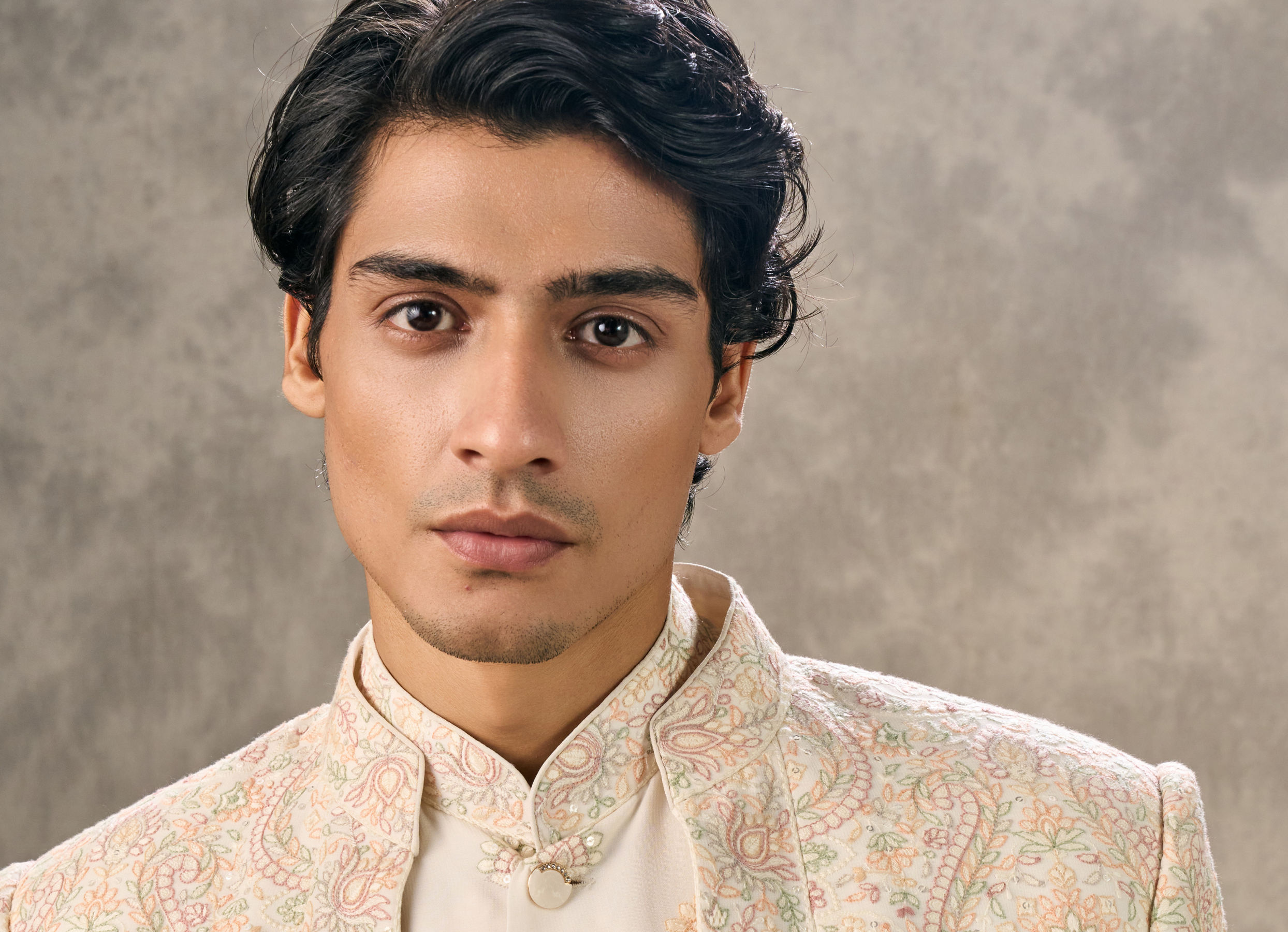 Twamev Men Cream Silk Resham Paisley Embroidered Indo Western Set