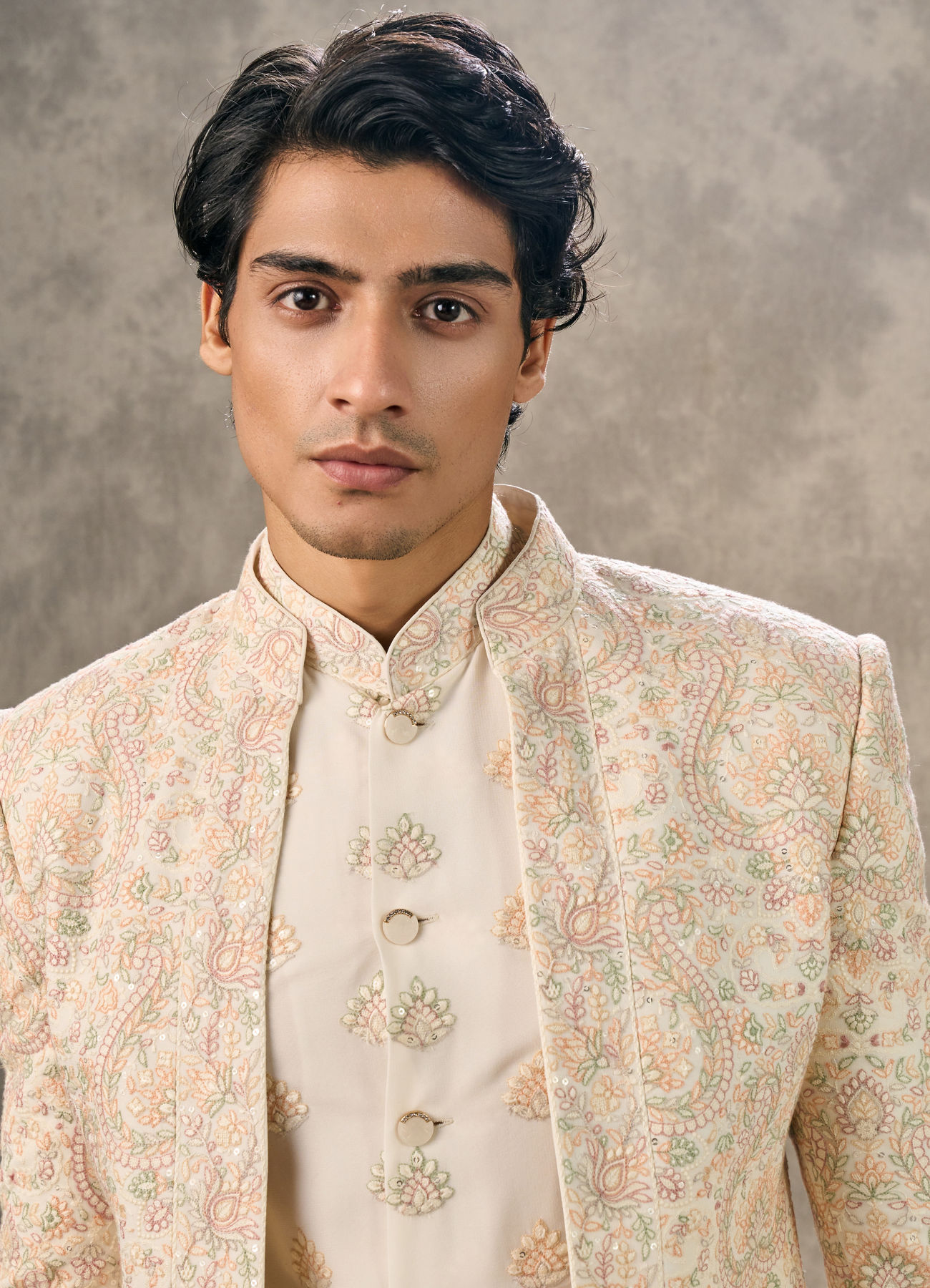 Twamev Men Cream Silk Resham Paisley Embroidered Indo Western Set