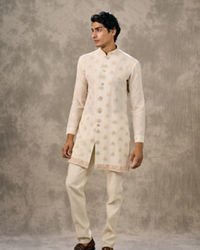 Twamev Men Cream Silk Resham Paisley Embroidered Indo Western Set