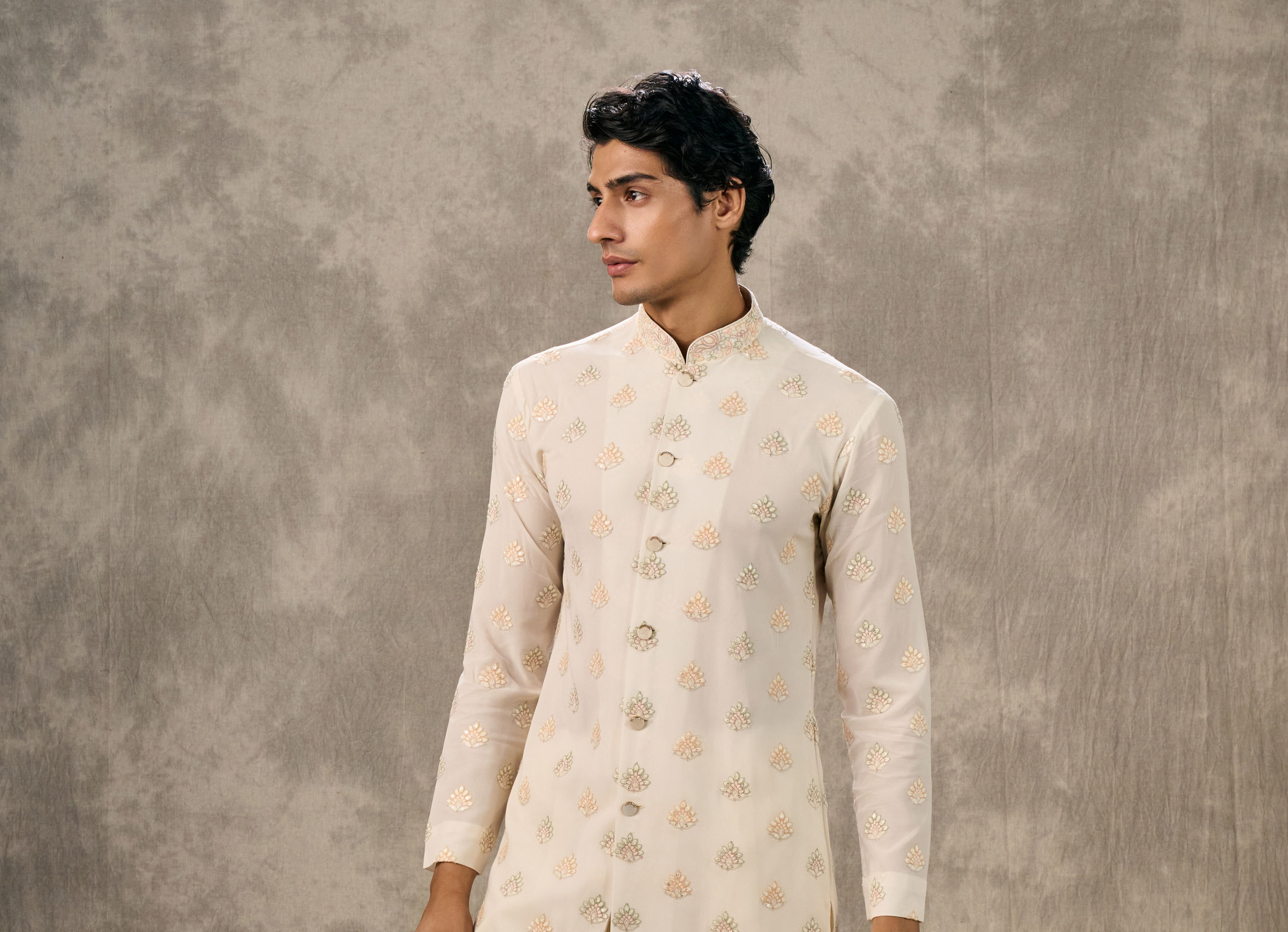 Twamev Men Cream Silk Resham Paisley Embroidered Indo Western Set