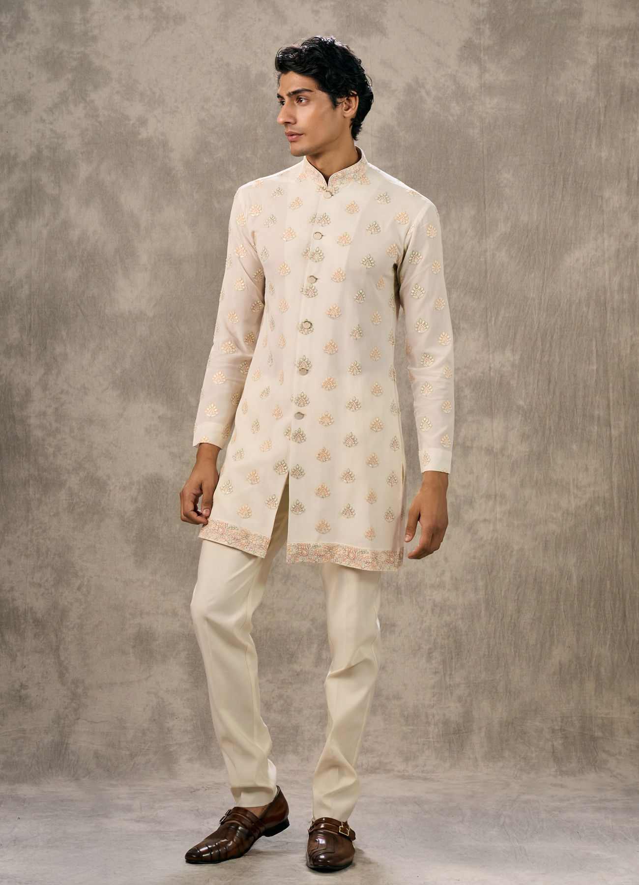 Twamev Men Cream Silk Resham Paisley Embroidered Indo Western Set
