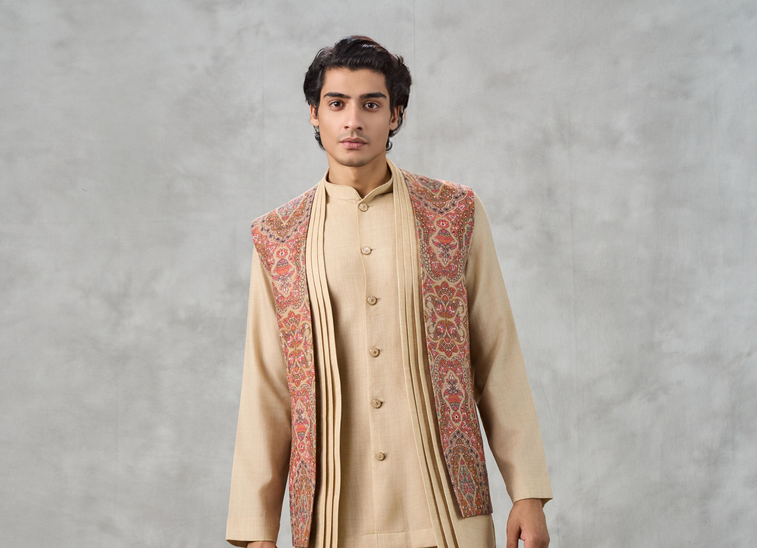 Buy Beige Pashmina Silk Kashmiri Thread Embroidered Indo Western Set ...