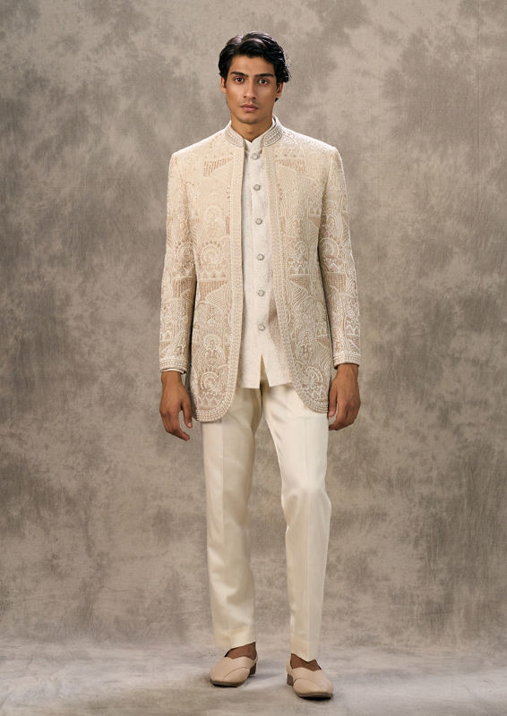 Twamev Men Glowing Beige Georgette Elegance Indo Western