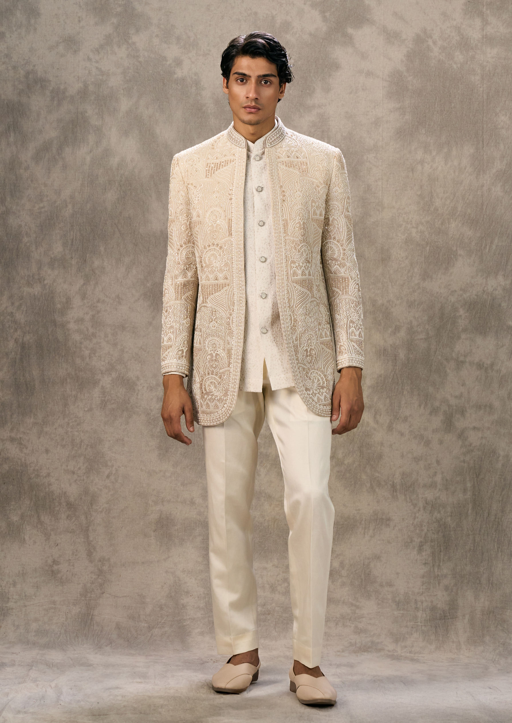 Twamev Men Glowing Beige Georgette Elegance Indo Western