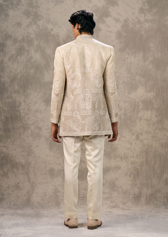 Twamev Men Glowing Beige Georgette Elegance Indo Western