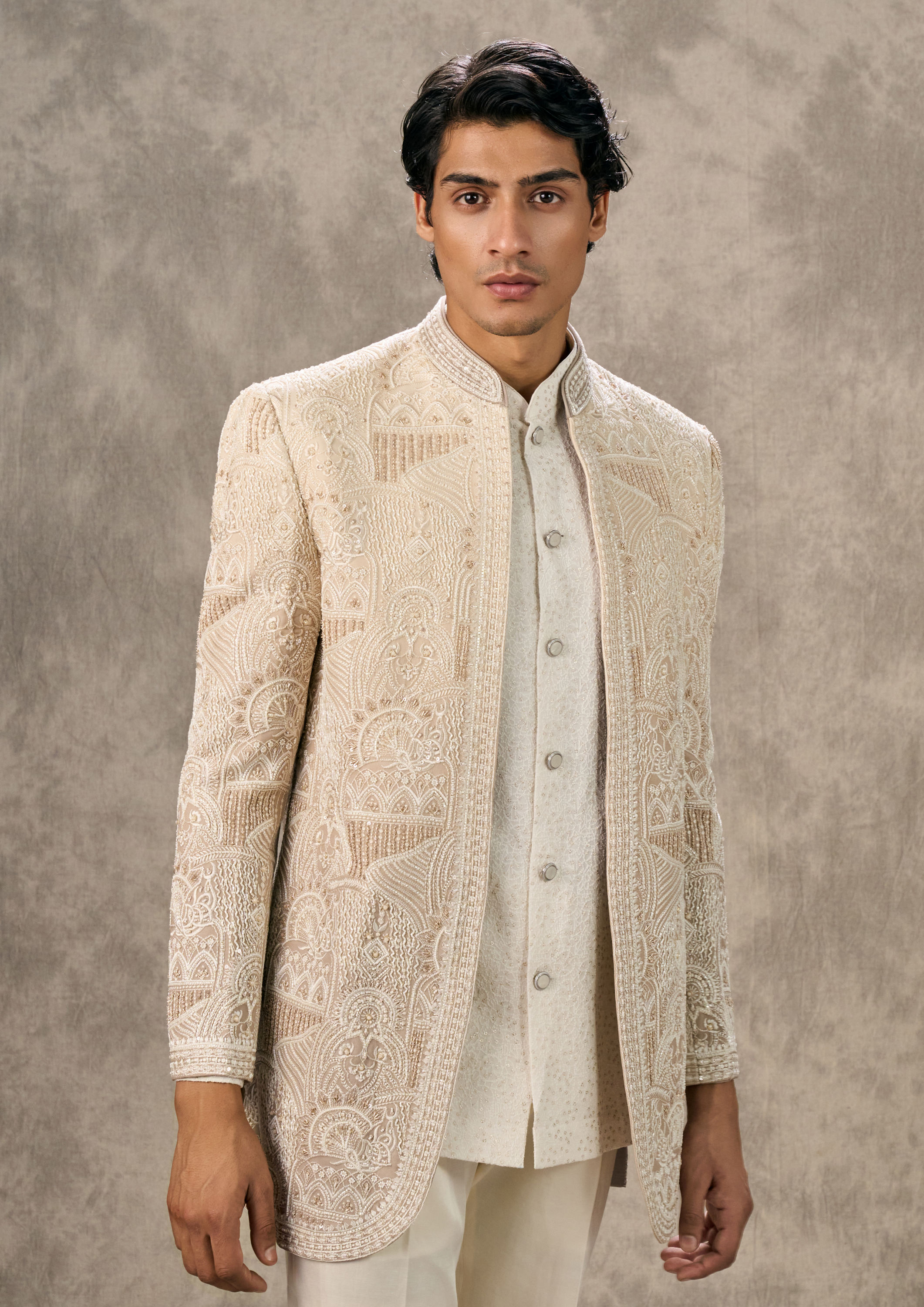Twamev Men Glowing Beige Georgette Elegance Indo Western