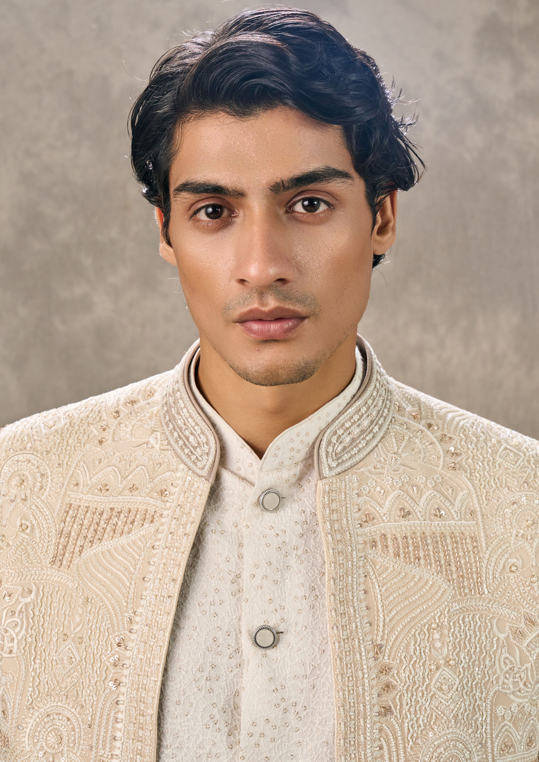 Twamev Men Glowing Beige Georgette Elegance Indo Western