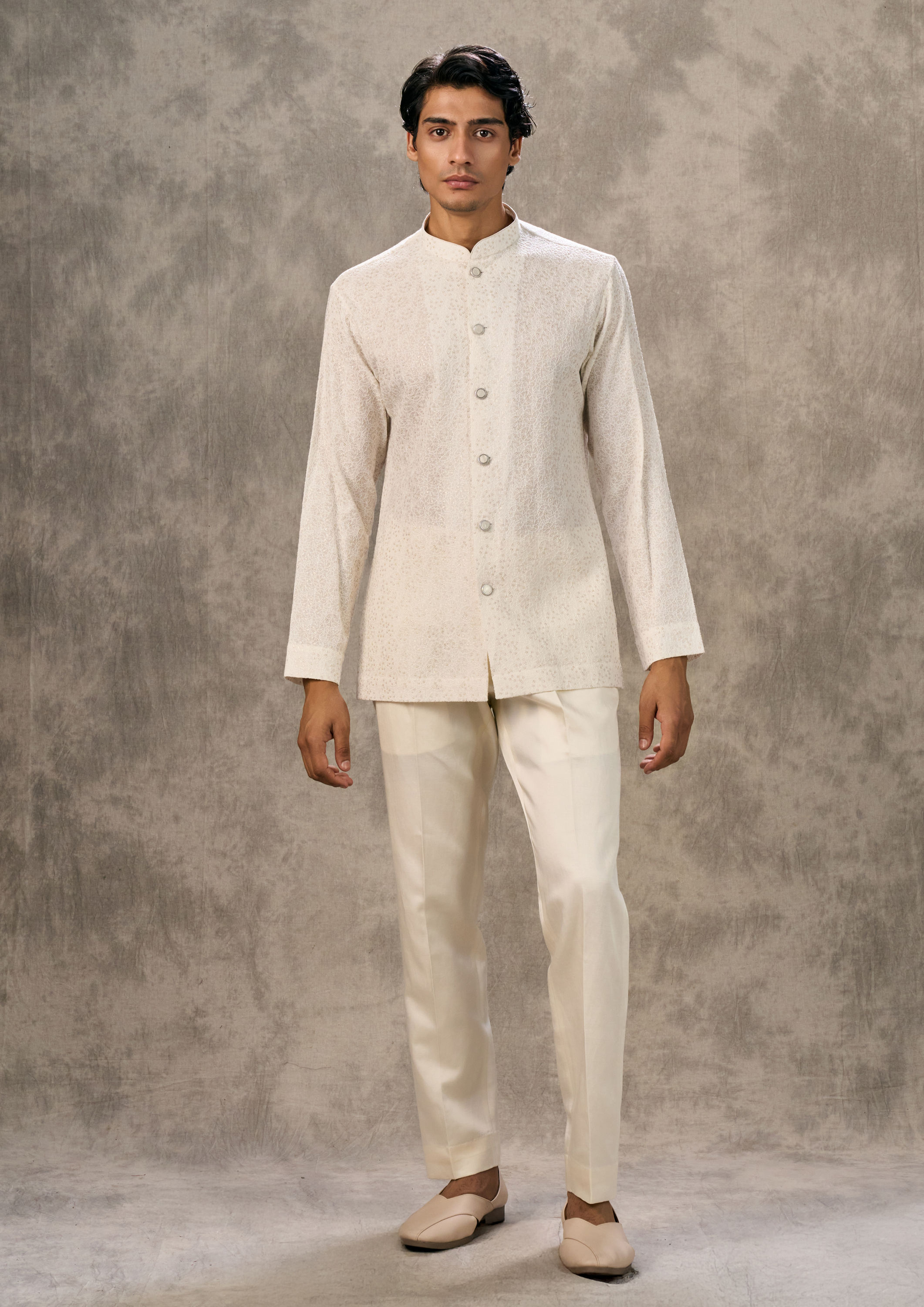 Twamev Men Glowing Beige Georgette Elegance Indo Western