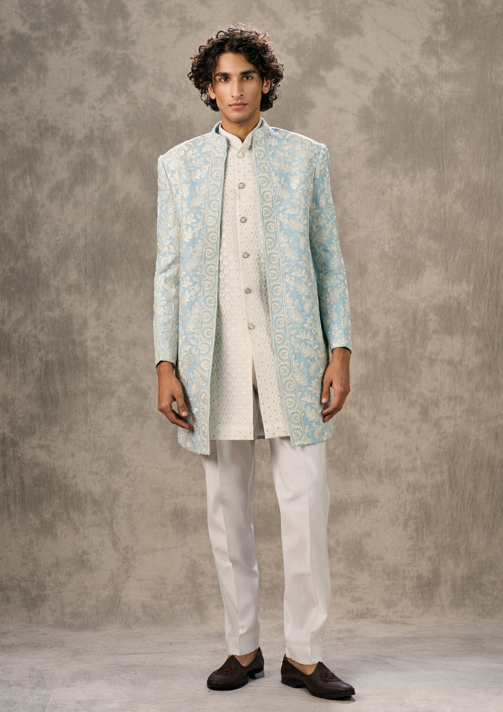 Twamev Men Radiant Light Blue Indo Western Twirled Elegance