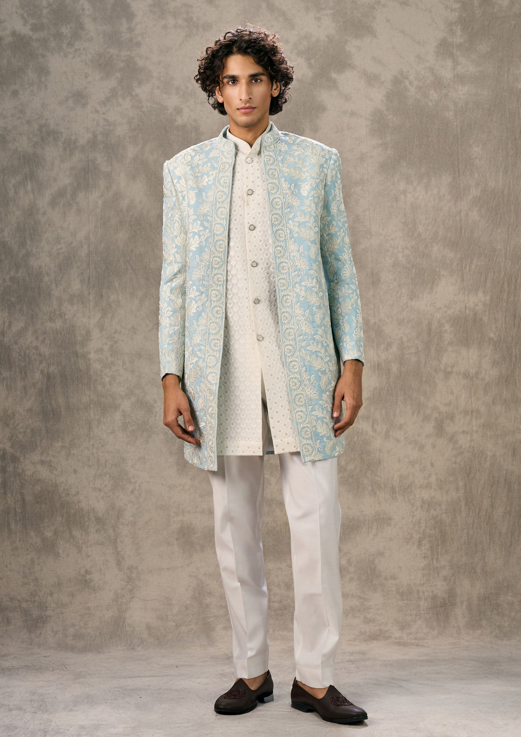 Twamev Men Radiant Light Blue Indo Western Twirled Elegance