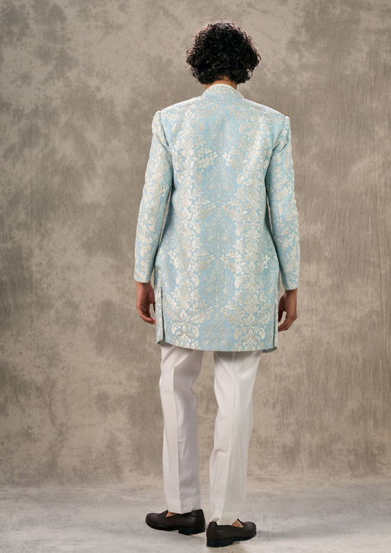 Twamev Men Radiant Light Blue Indo Western Twirled Elegance