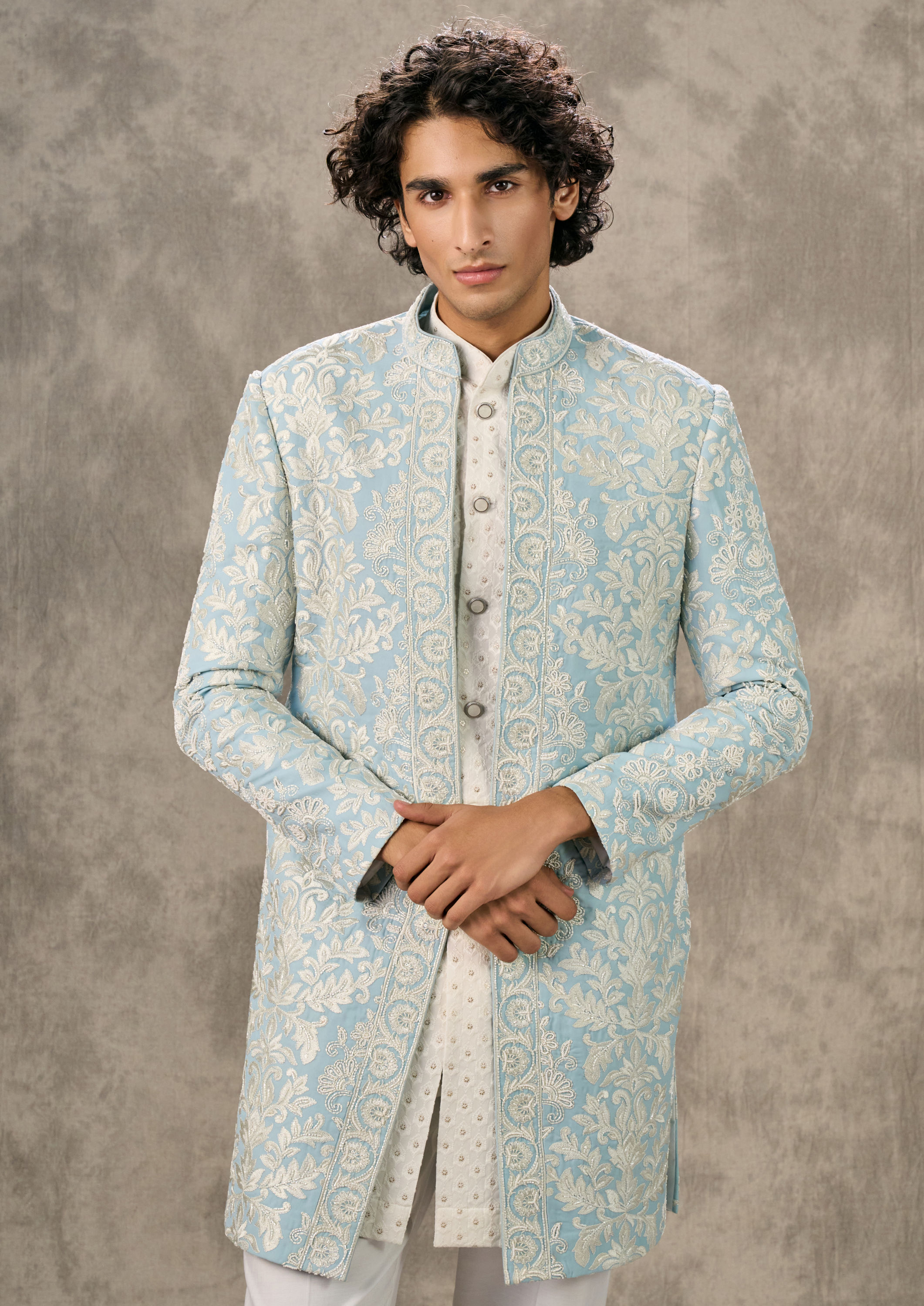 Twamev Men Radiant Light Blue Indo Western Twirled Elegance