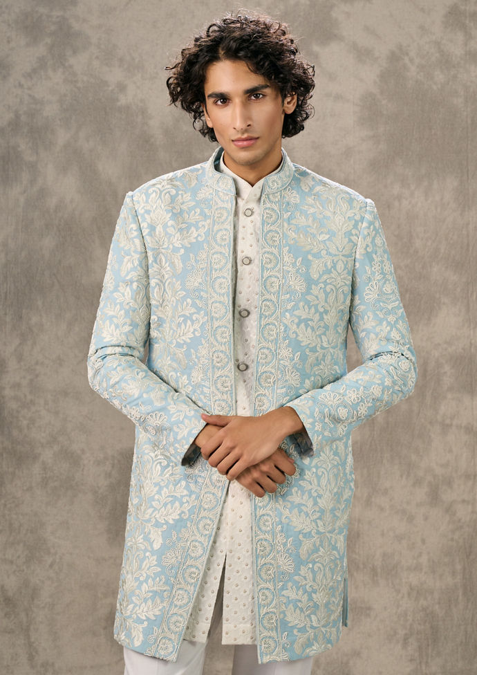 Twamev Men Radiant Light Blue Indo Western Twirled Elegance
