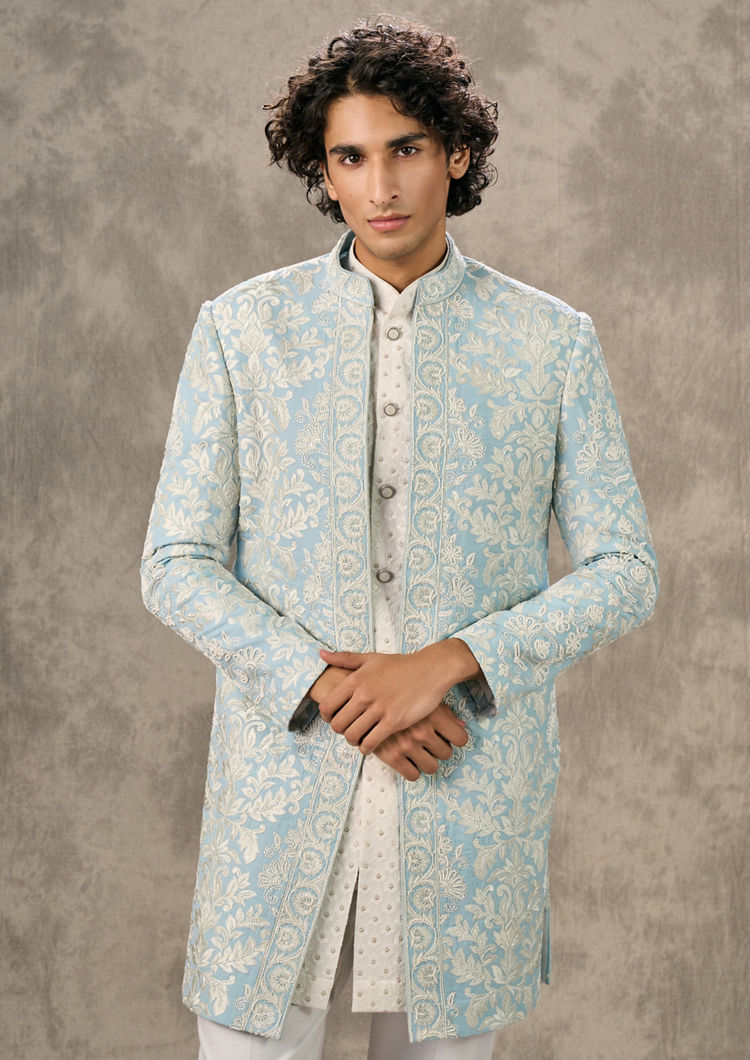 Twamev Men Radiant Light Blue Indo Western Twirled Elegance