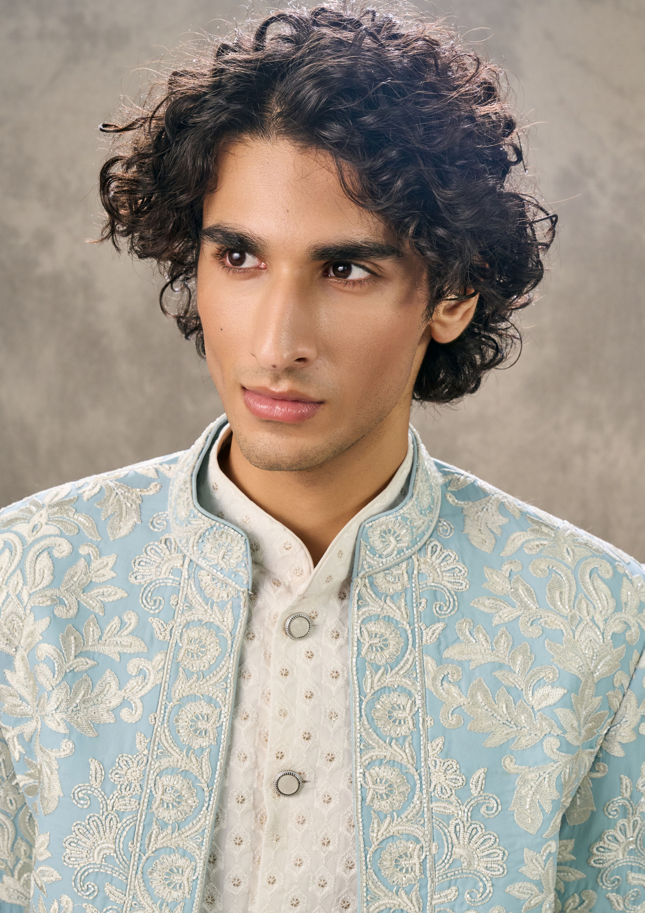 Twamev Men Radiant Light Blue Indo Western Twirled Elegance