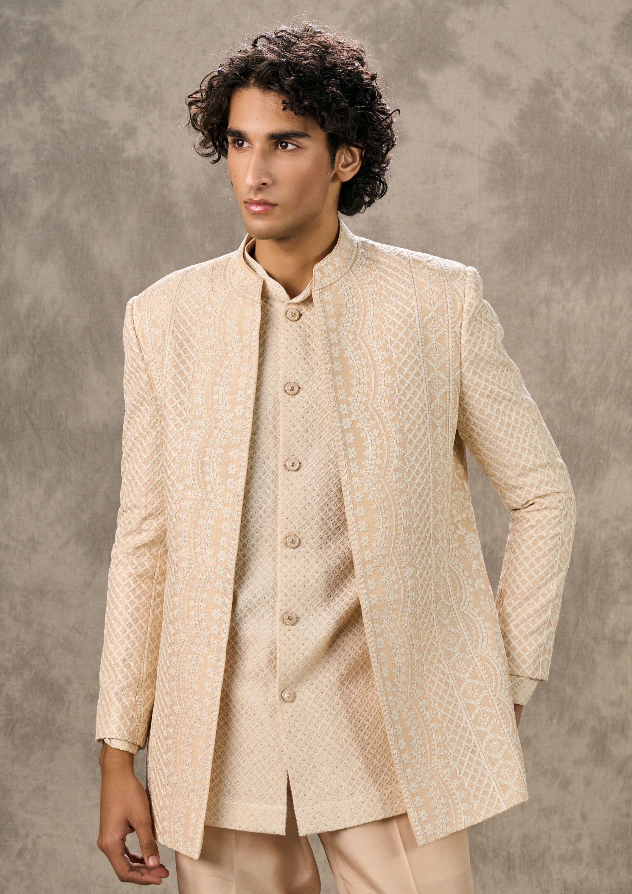 Twamev Men Twinkling Beige Indo Western Ensemble