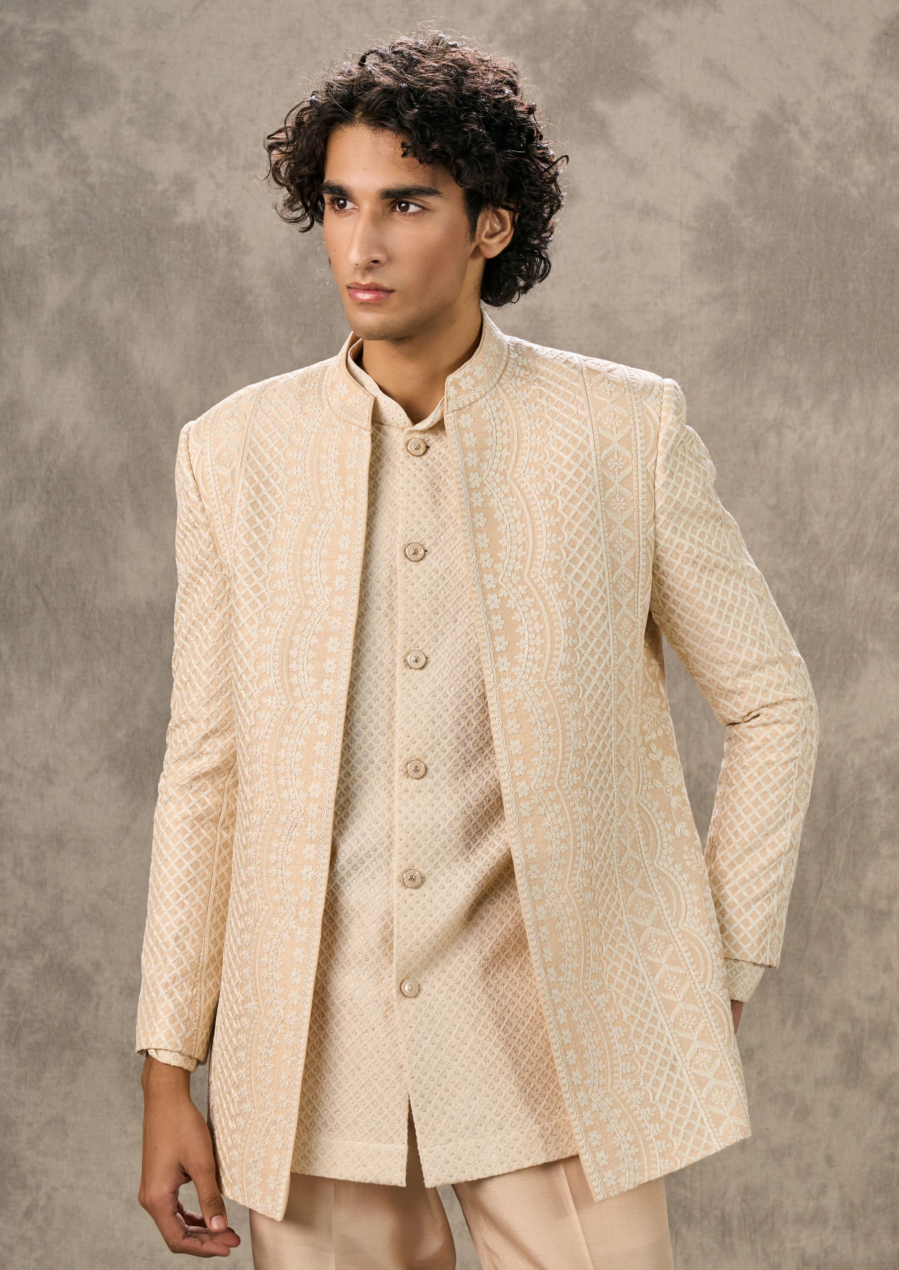 Twamev Men Twinkling Beige Indo Western Ensemble