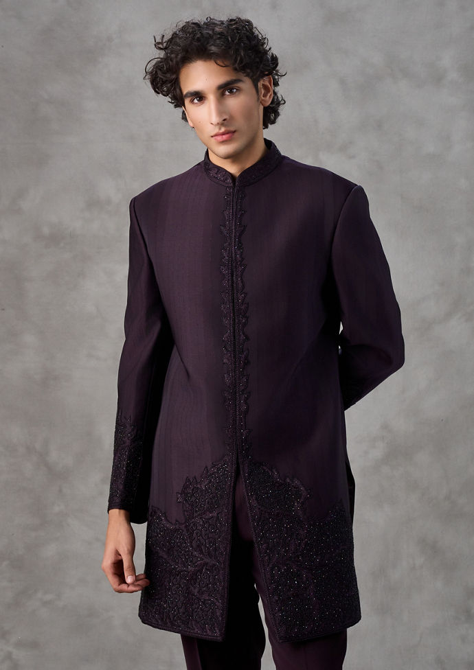 Twamev Men Wine Red Achkan Indo Western