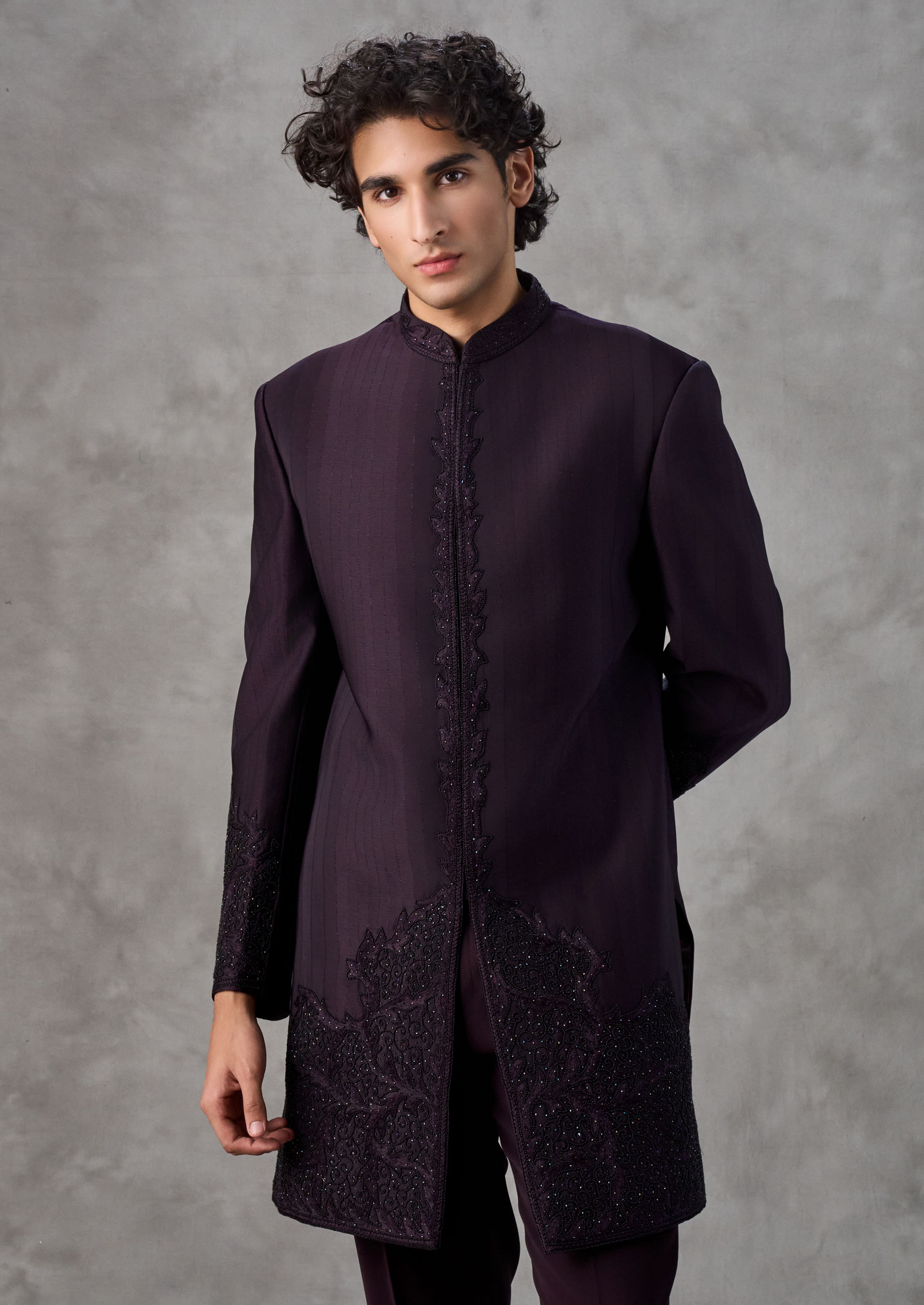 Twamev Men Wine Red Achkan Indo Western