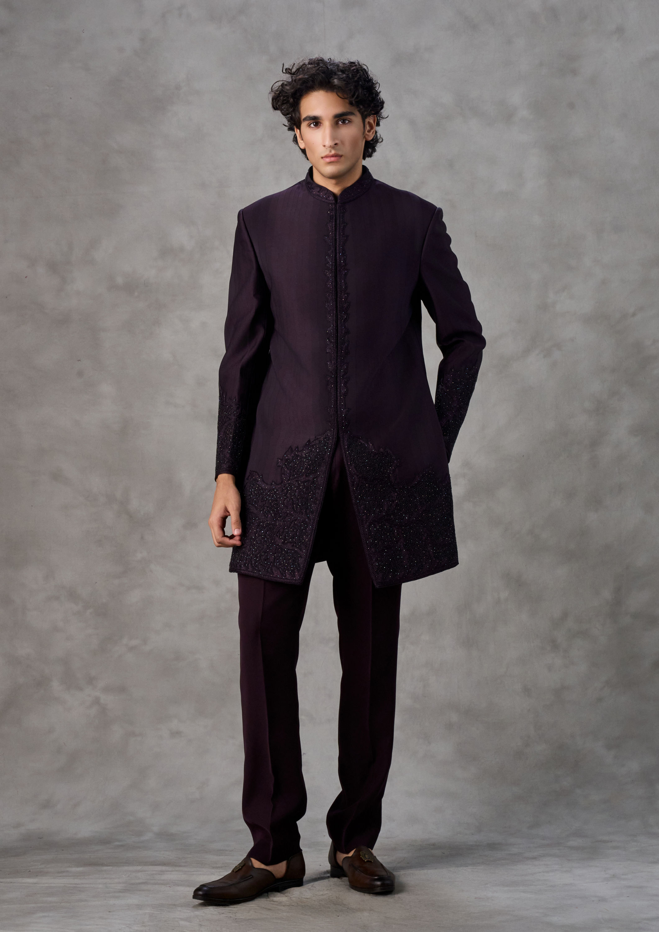 Twamev Men Wine Red Achkan Indo Western