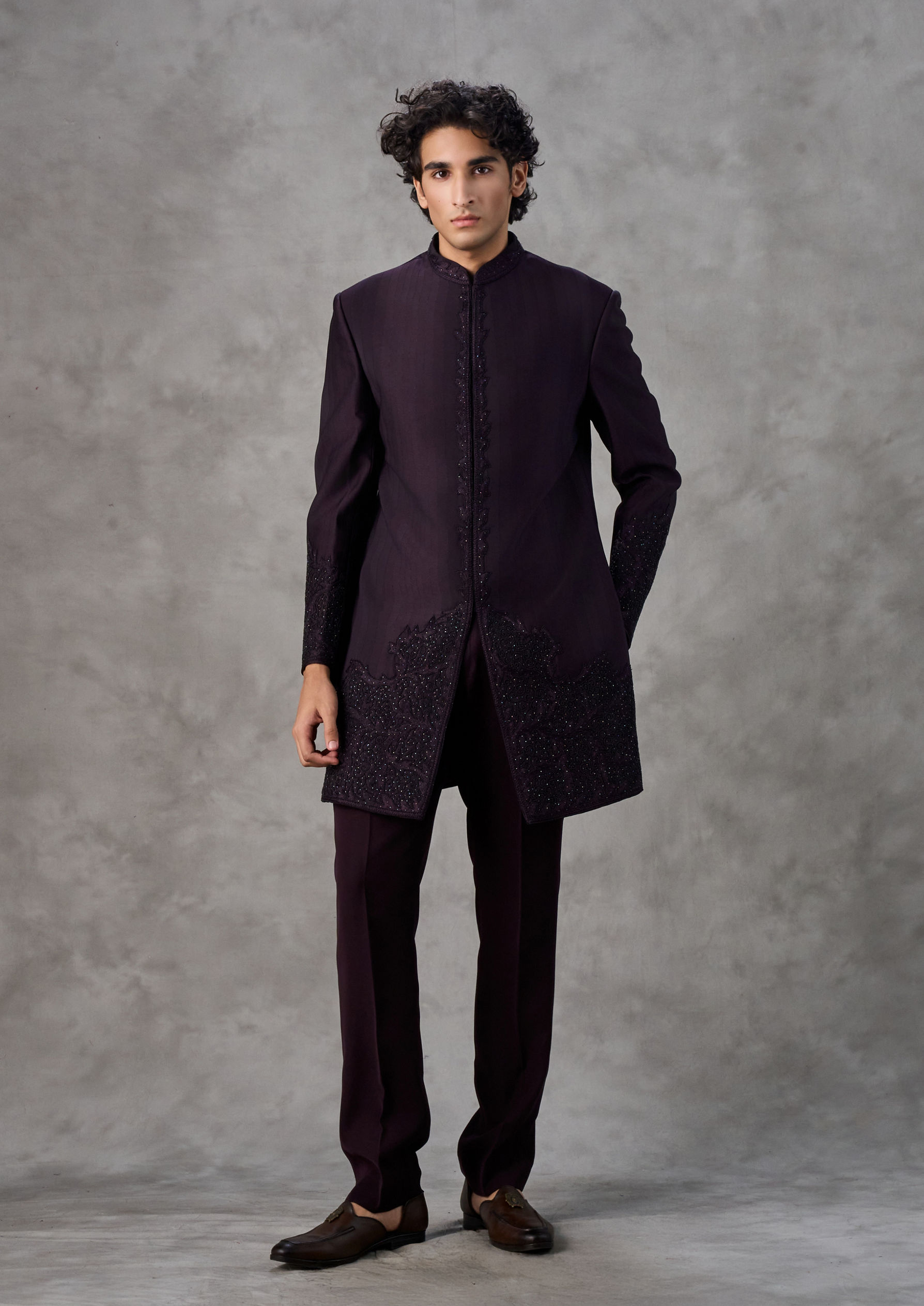 Twamev Men Wine Red Achkan Indo Western