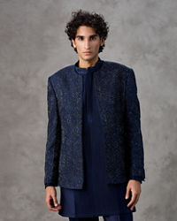 Twamev Men Navy Blue Sequin Hand Embroidered Indo Western Set