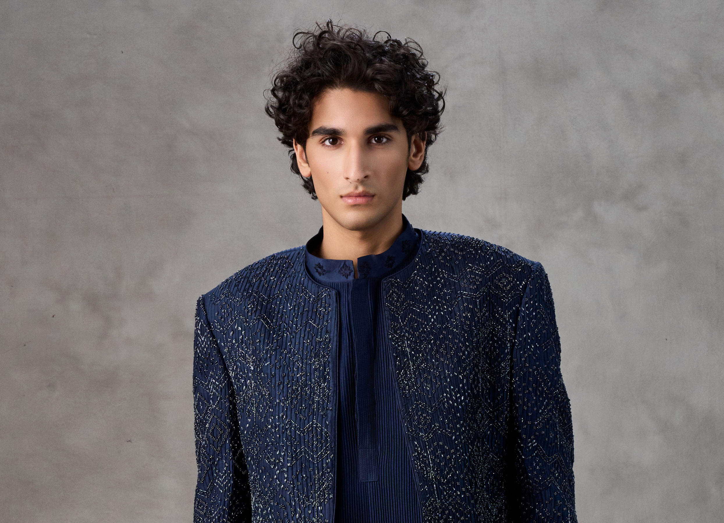 Twamev Men Navy Blue Sequin Hand Embroidered Indo Western Set