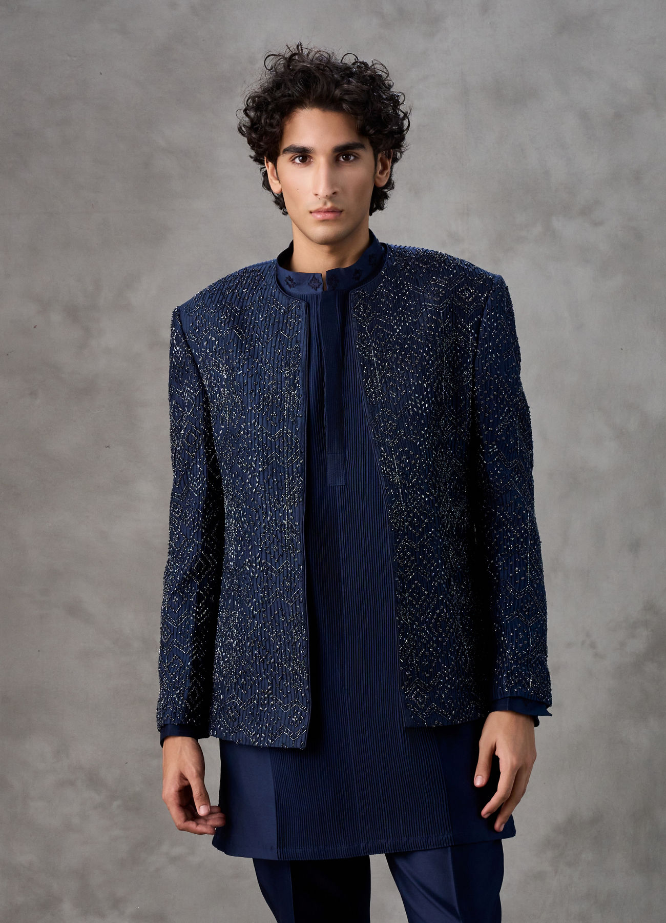Twamev Men Navy Blue Sequin Hand Embroidered Indo Western Set