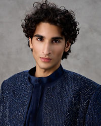 Twamev Men Navy Blue Sequin Hand Embroidered Indo Western Set