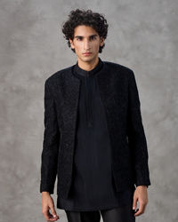 Twamev Men Black Sequin Hand Embroidered Indo Western Set
