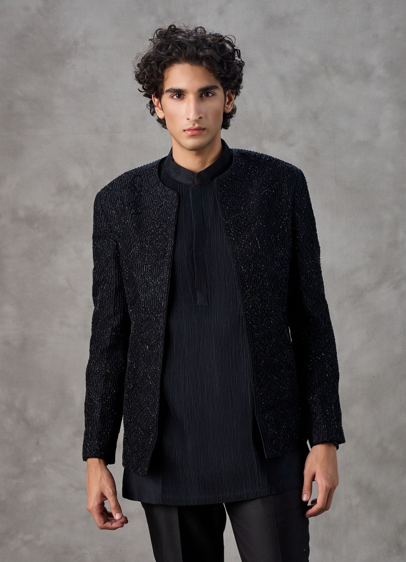 Twamev Men Black Sequin Hand Embroidered Indo Western Set