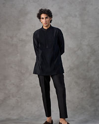 Twamev Men Black Sequin Hand Embroidered Indo Western Set