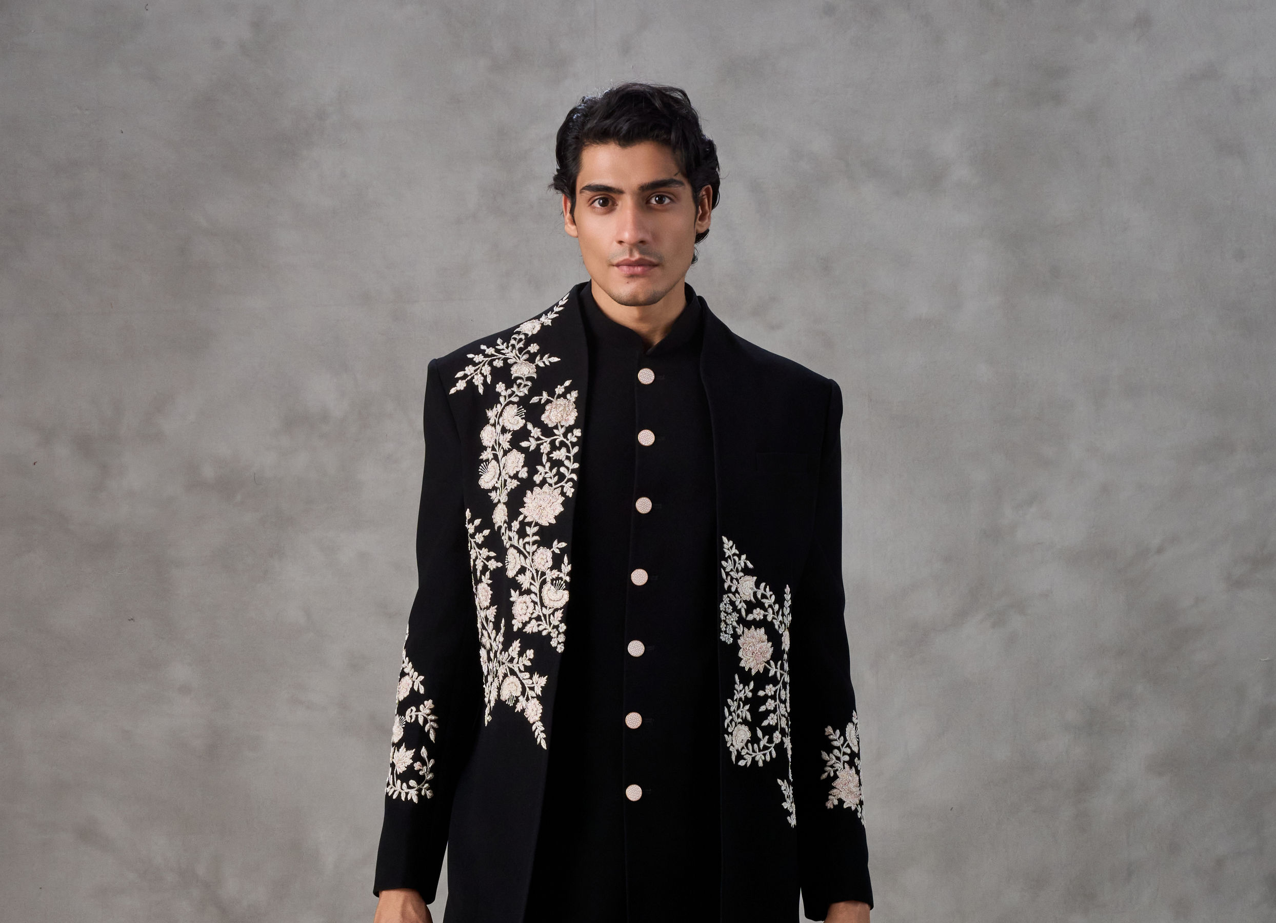 Buy Black Crepe White Floral Thread Embroidered Indo Western Set Online ...