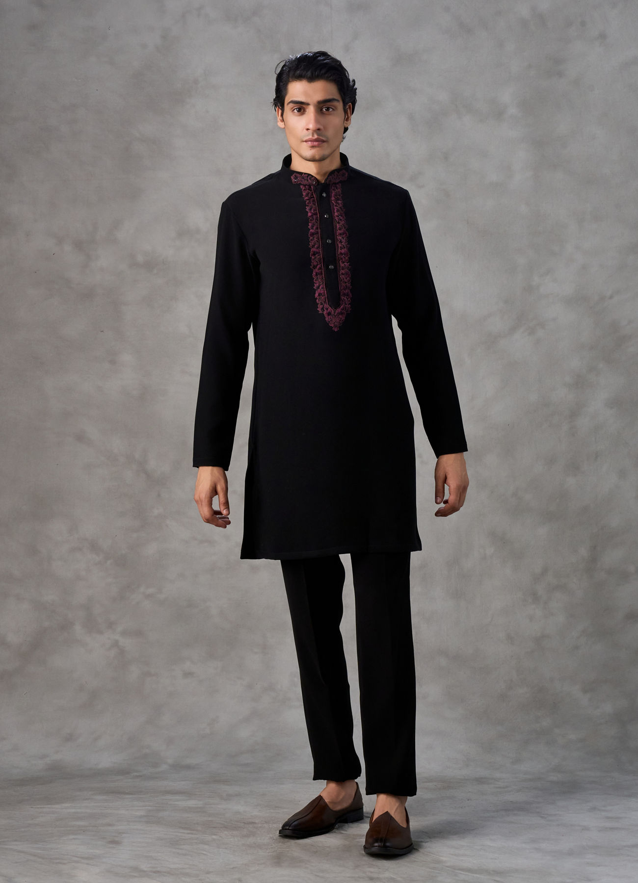 Buy Black Crepe Maroon Thread Embroidered Indo Western Set Online in ...