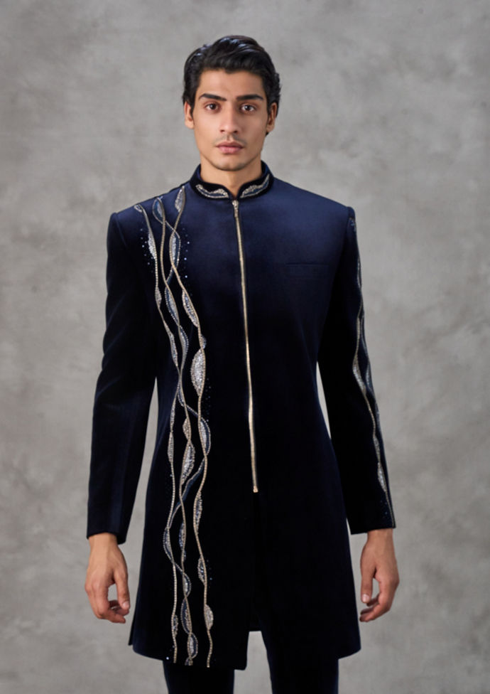 Twamev Men Velvety Elegance Dark Blue Indo Western