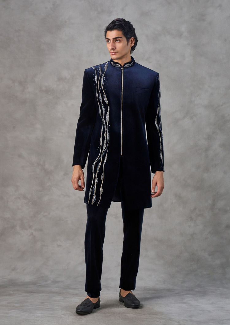 Twamev Men Velvety Elegance Dark Blue Indo Western