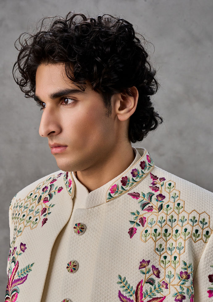 Twamev Men Cream Silk Multicolour Floral Embroidered Indo Western Set