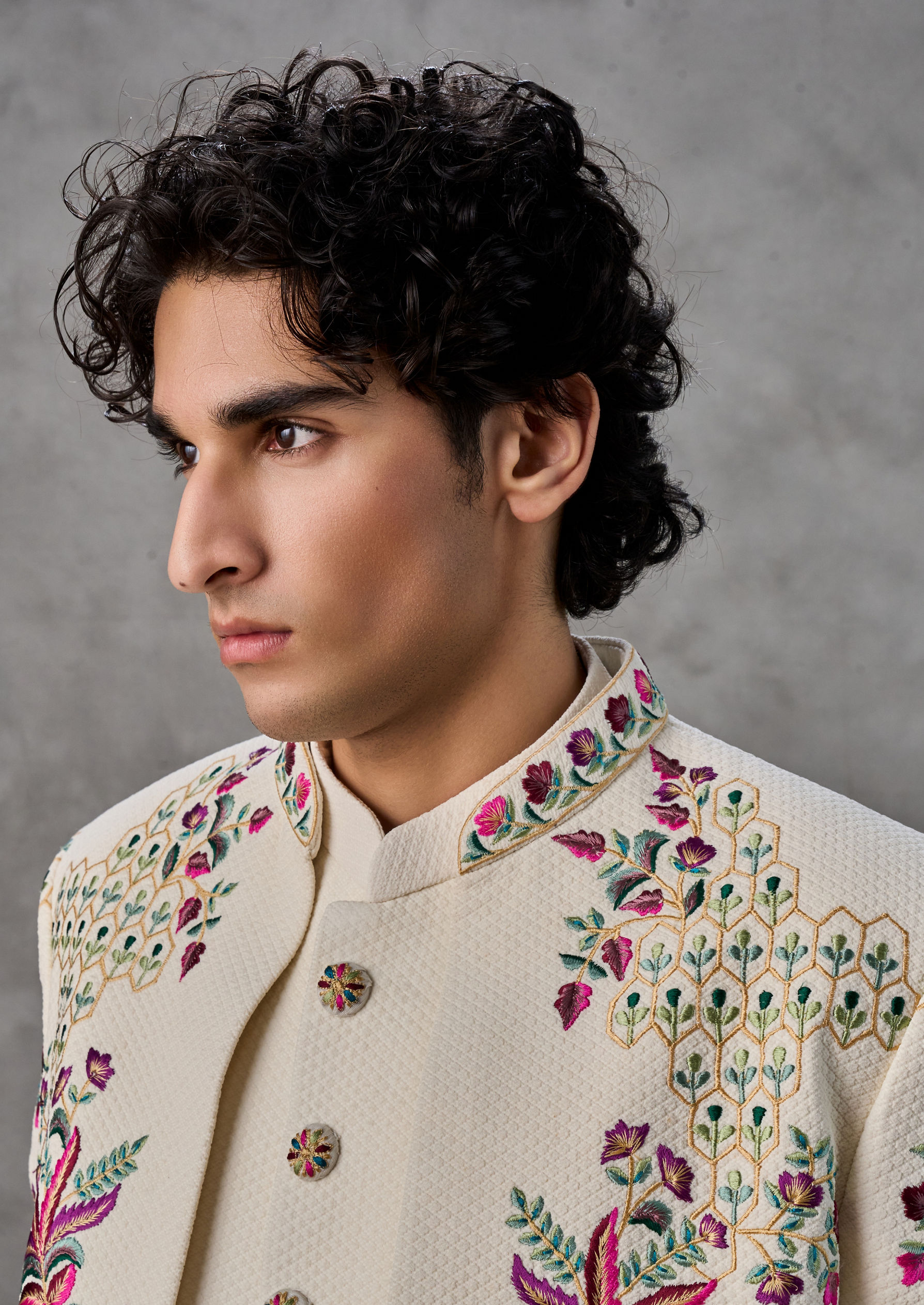 Twamev Men Cream Silk Multicolour Floral Embroidered Indo Western Set