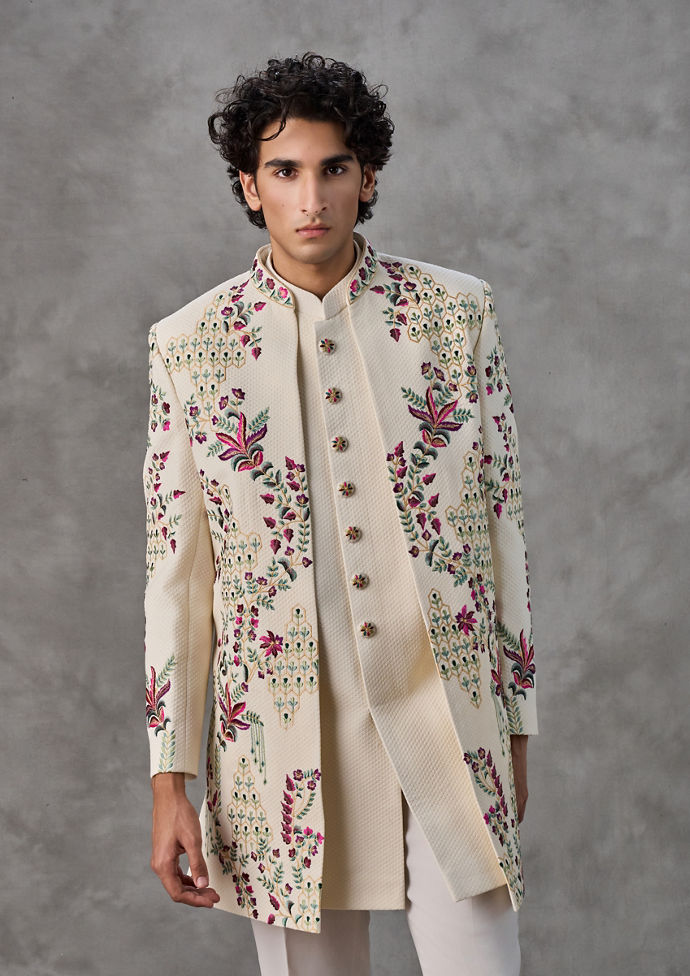 Twamev Men Cream Silk Multicolour Floral Embroidered Indo Western Set