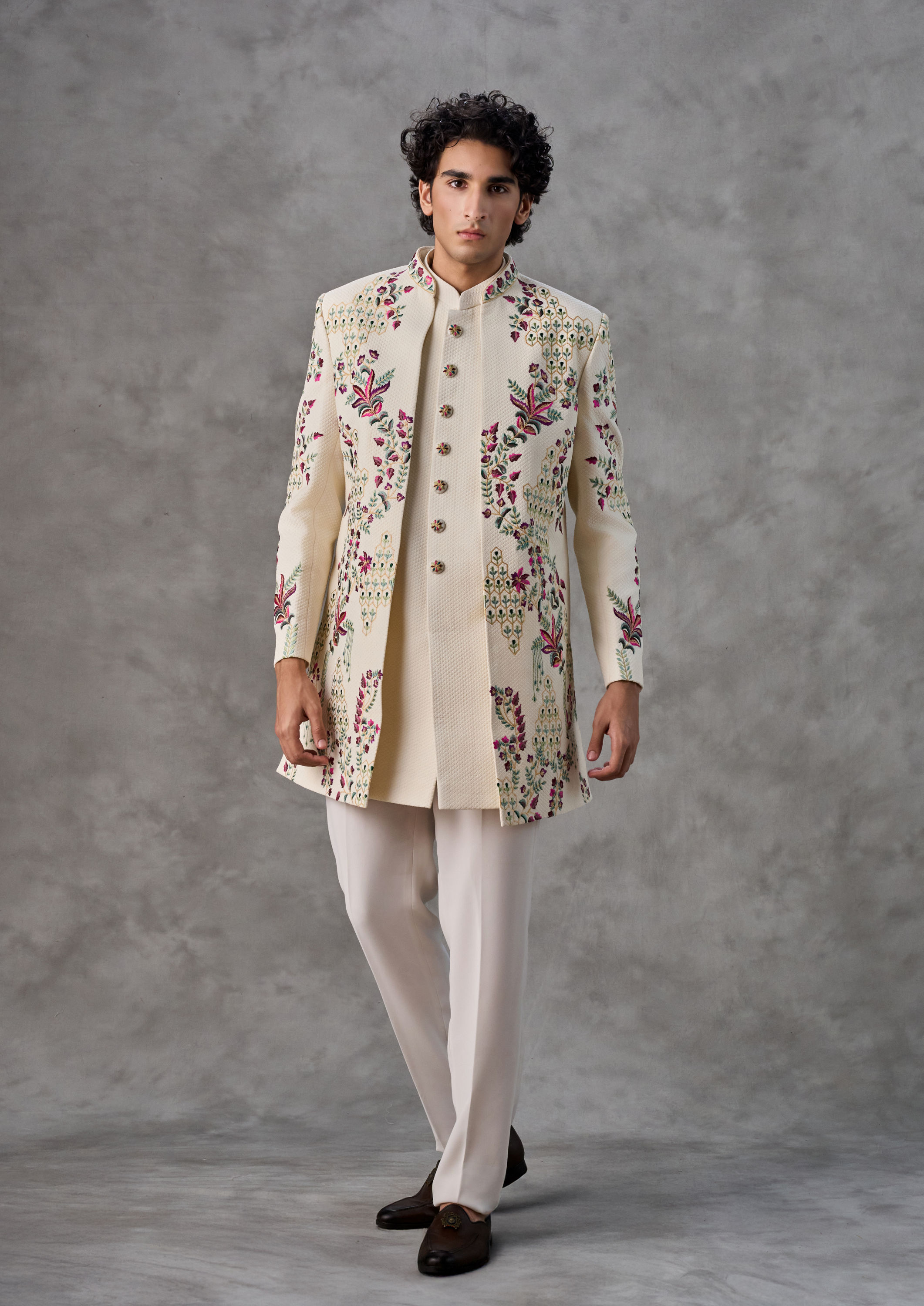 Twamev Men Cream Silk Multicolour Floral Embroidered Indo Western Set