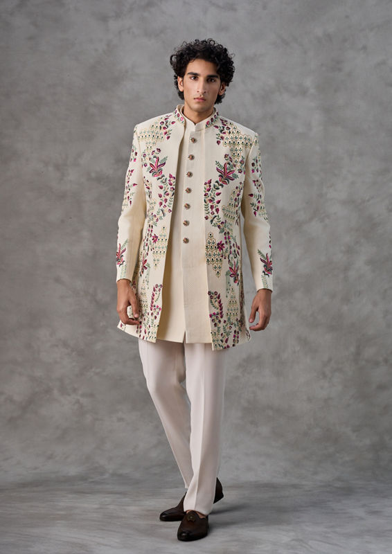 Twamev Men Cream Silk Multicolour Floral Embroidered Indo Western Set