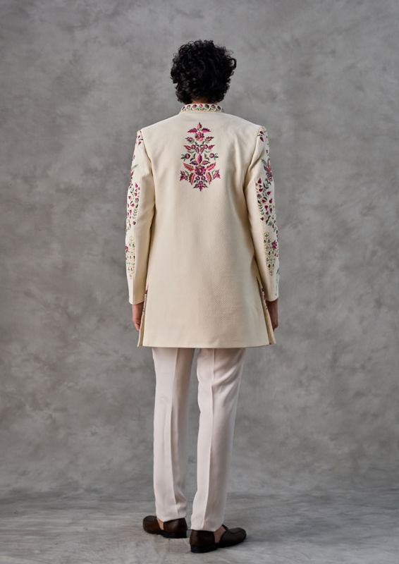 Twamev Men Cream Silk Multicolour Floral Embroidered Indo Western Set