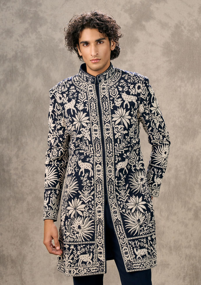Twamev Men Elegant Dark Blue Indo Western