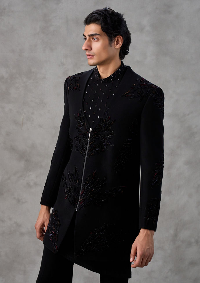 Twamev Men Black Crepe Thread Embroidered Indo Western Set
